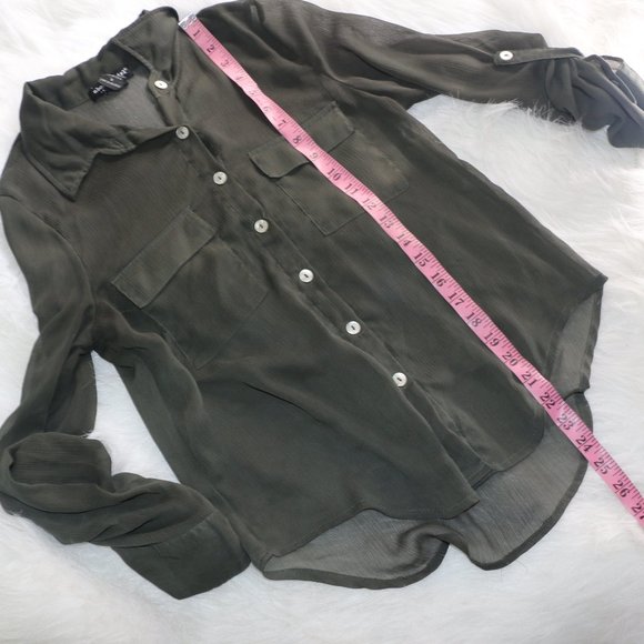 "About a Girl" Sheer Olive Green Button-Down Shirt - Size Small - Picture 10 of 11